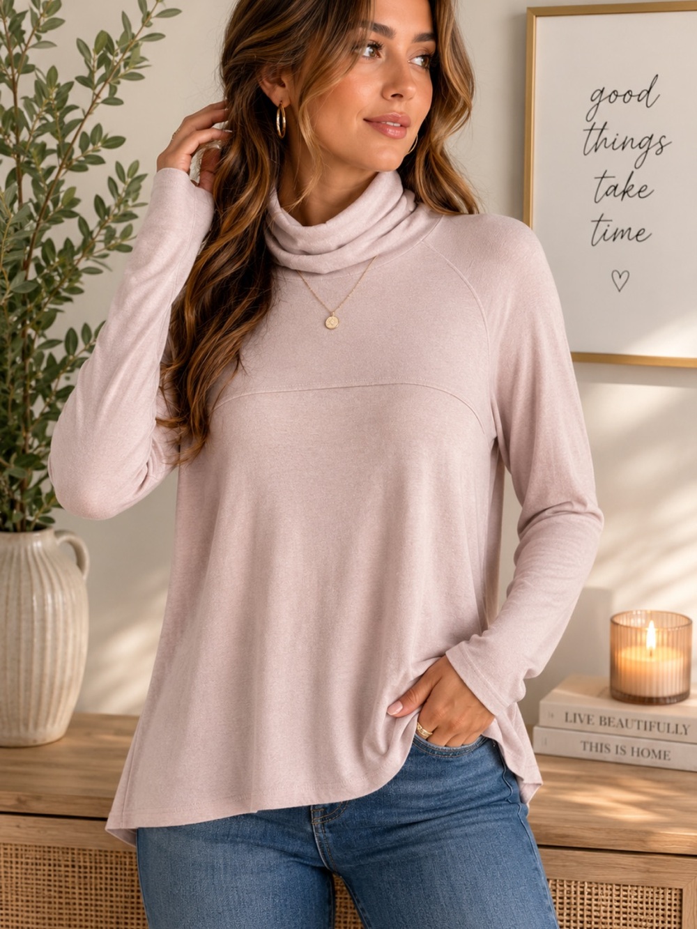 aerie Mauve Roll-Neck Lightweight Turtleneck Sweater